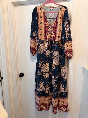 Avenue Navy Blue Floral Maxi Dress with Maroon and Mustard Accents
